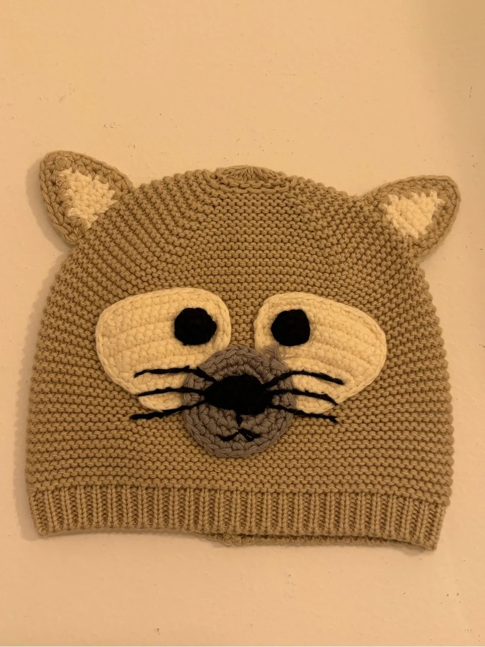 Kids Knit Cat Beanie Hat Crochet Face Ears Taupe Gray Cute Animal Winter Hat